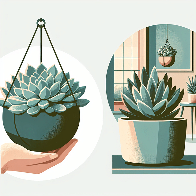 succulent in hanging pot and in wide pot in home setting