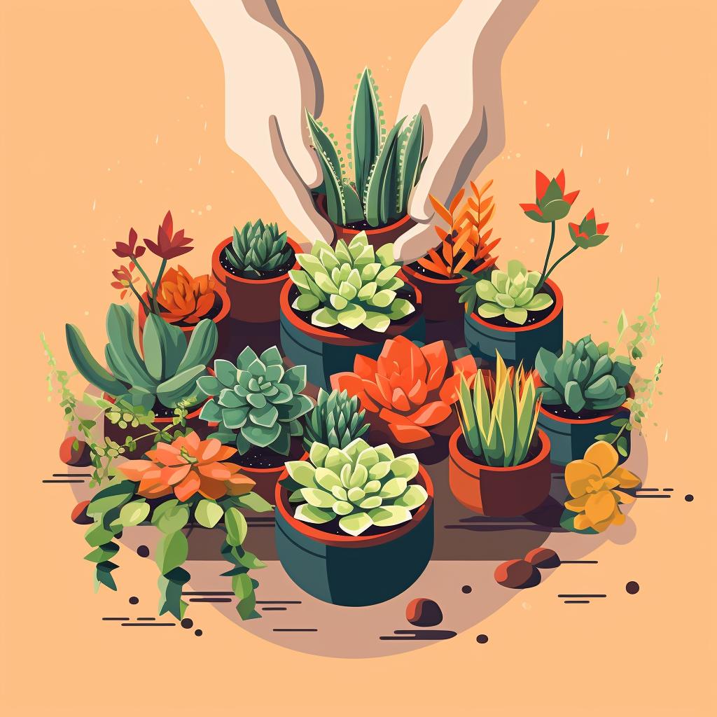 Hands arranging succulents in a pot