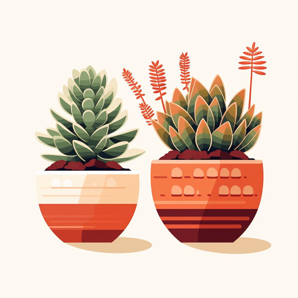 Terracotta and plastic pots with succulents