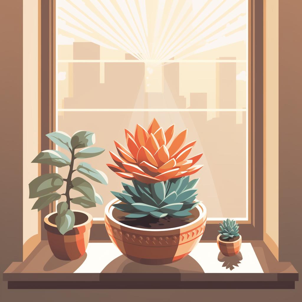 A pot of succulent seeds placed near a window with indirect sunlight