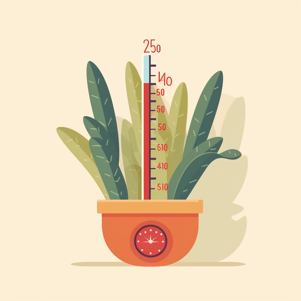 A thermometer next to a succulent showing a temperature within the ideal range.