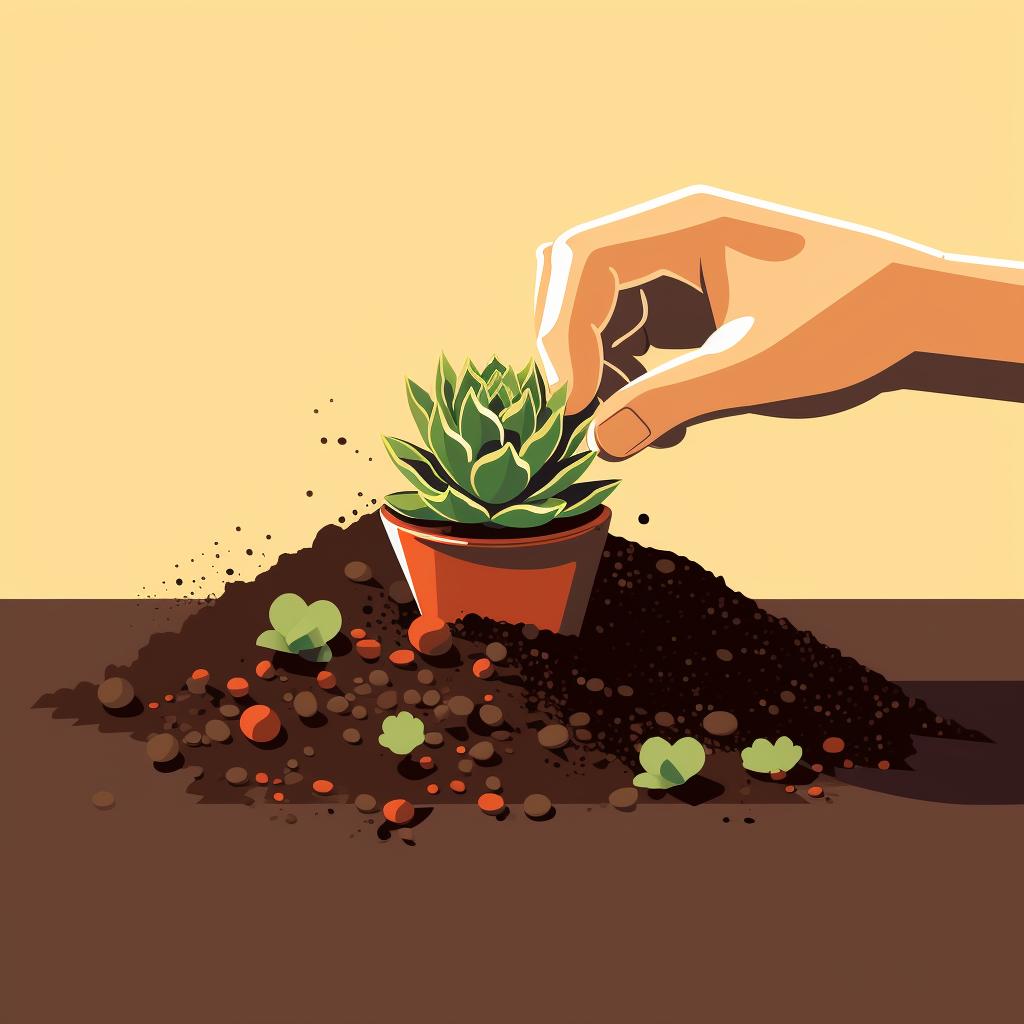 A finger checking the dryness of succulent soil