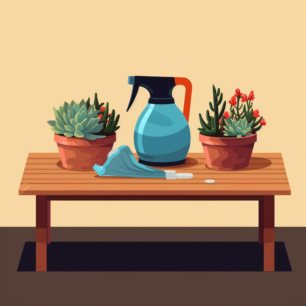 A table with succulent fertilizer, a watering can, and gloves