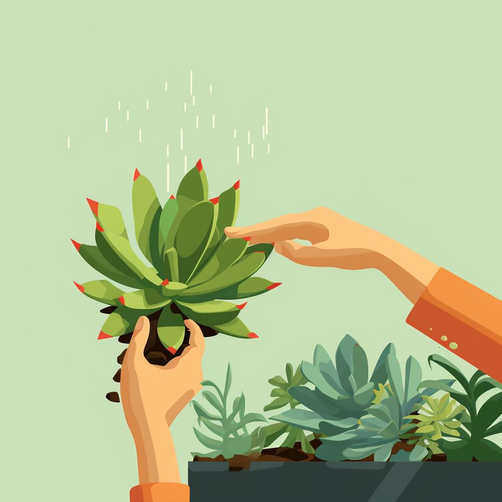 A hand selecting a healthy leaf from a donkey tail succulent