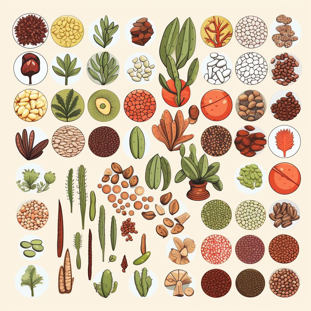 A variety of succulent seeds displayed on a table