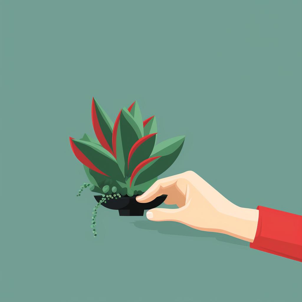 A hand gently twisting a leaf from a donkey tail succulent
