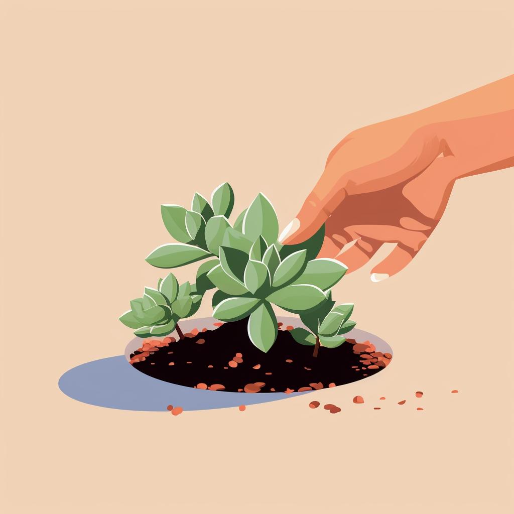 Hand removing a leaf from a miniature succulent