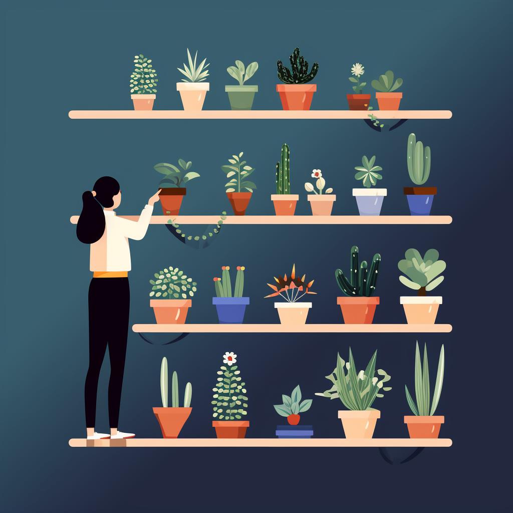 A person placing a succulent on a high shelf
