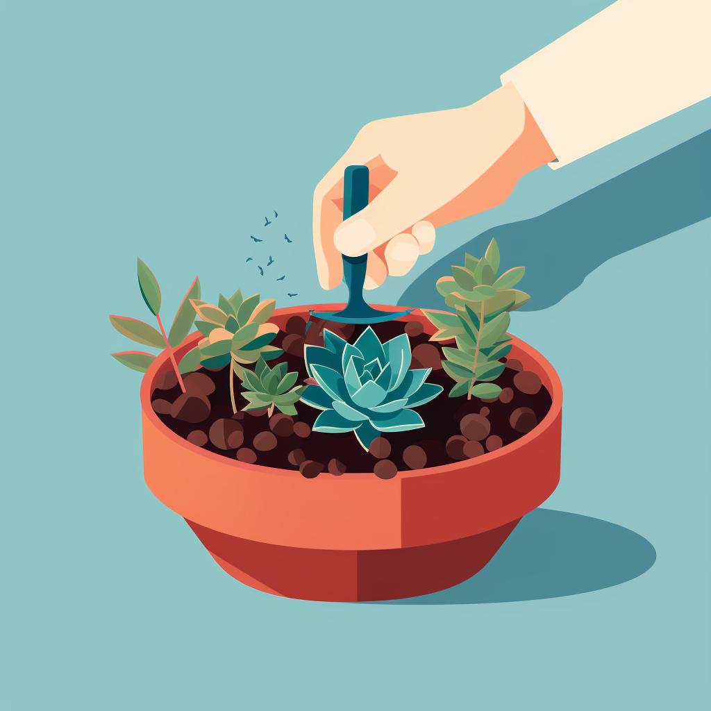 Hand planting a miniature succulent cutting into a pot
