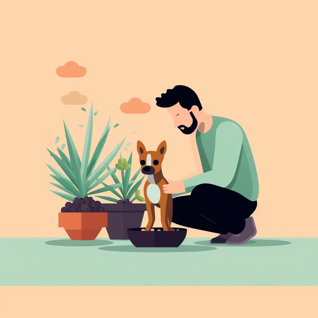 A person training their dog to stay away from a succulent plant