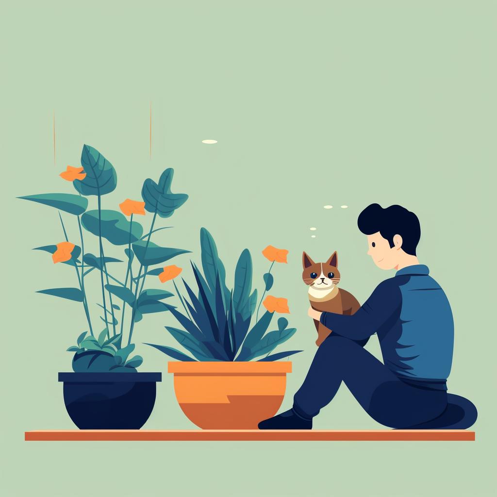 A person keeping a watchful eye on their cat near a succulent plant