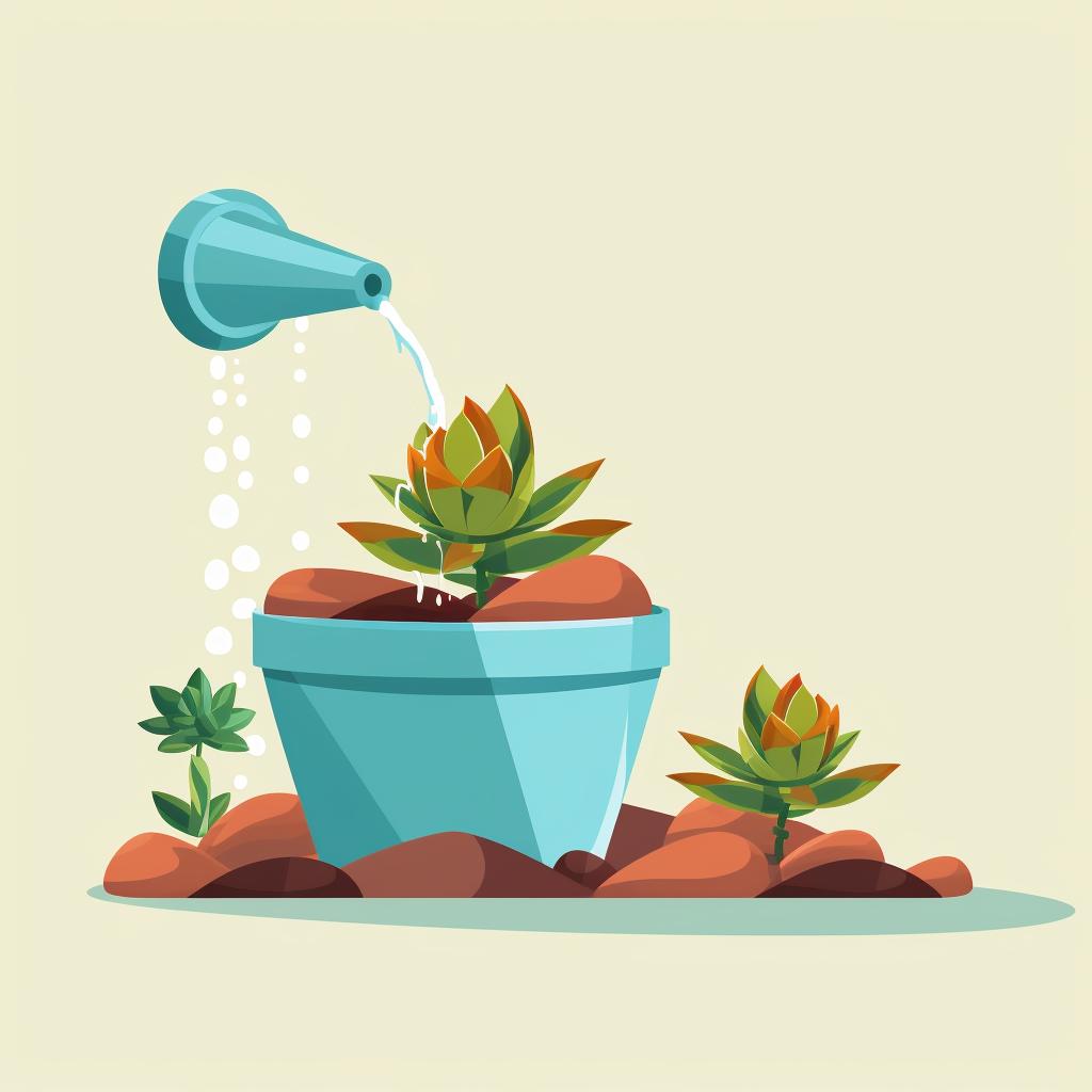 Water being poured into a pot with a newly planted miniature succulent