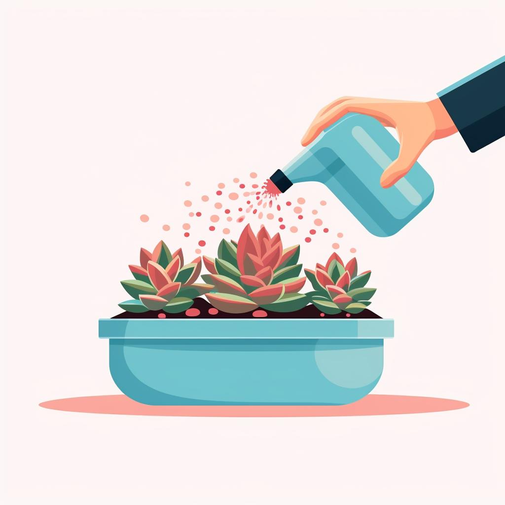 A hand using a spray bottle to water succulent seeds in a pot