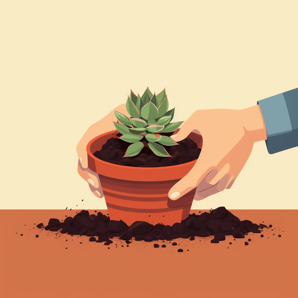 Hands adding soil to a pot with a newly repotted succulent.