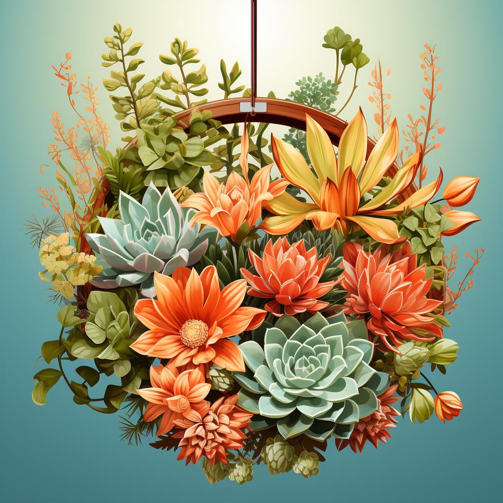 A succulent wreath hanging in a sunny spot.