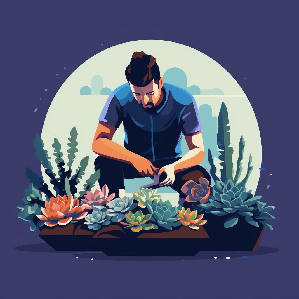 A person examining a succulent plant for pests