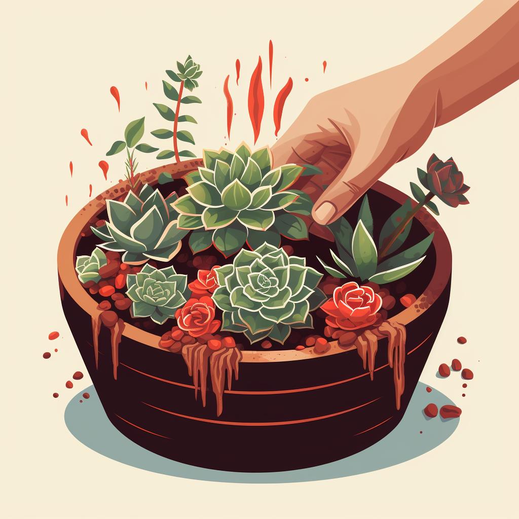 Hands gently cleaning the roots of a succulent.