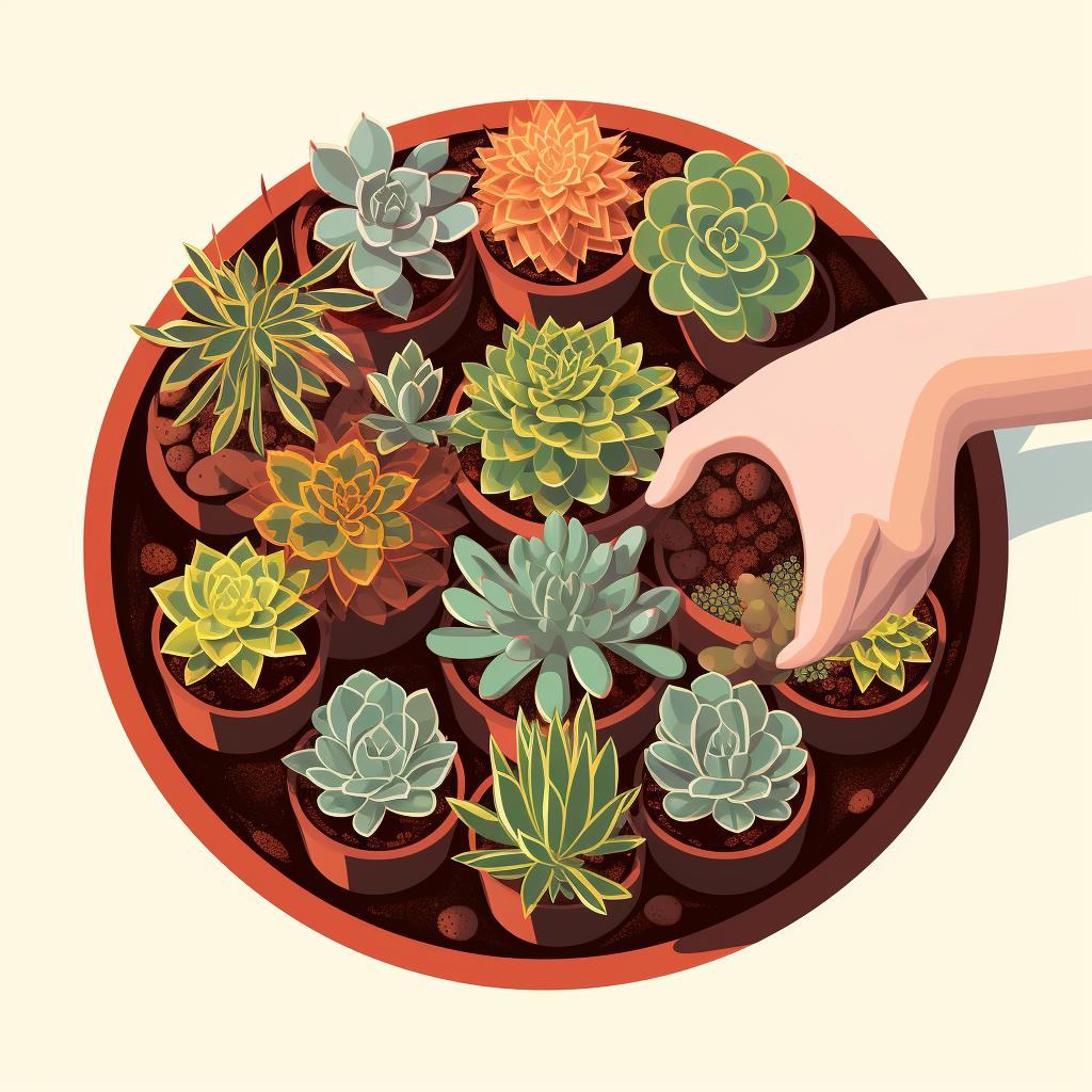 Hands adjusting the placement of succulents in an arrangement.