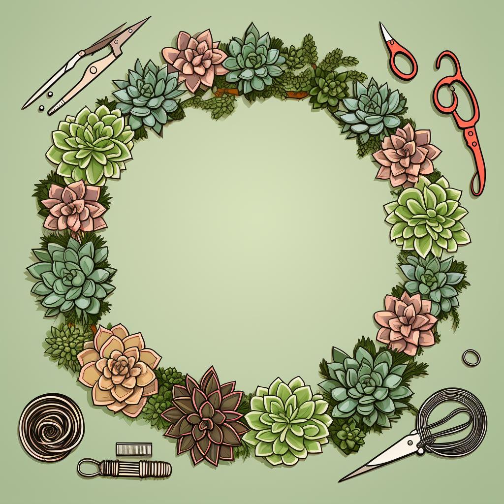 A collection of succulents, a wreath frame, sphagnum moss, floral wire, and wire cutters laid out on a table.