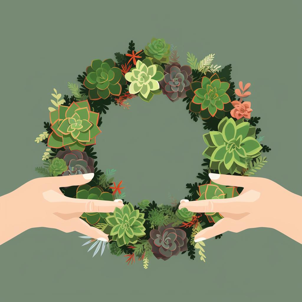 Hands inserting succulents into a moss-filled wreath frame.