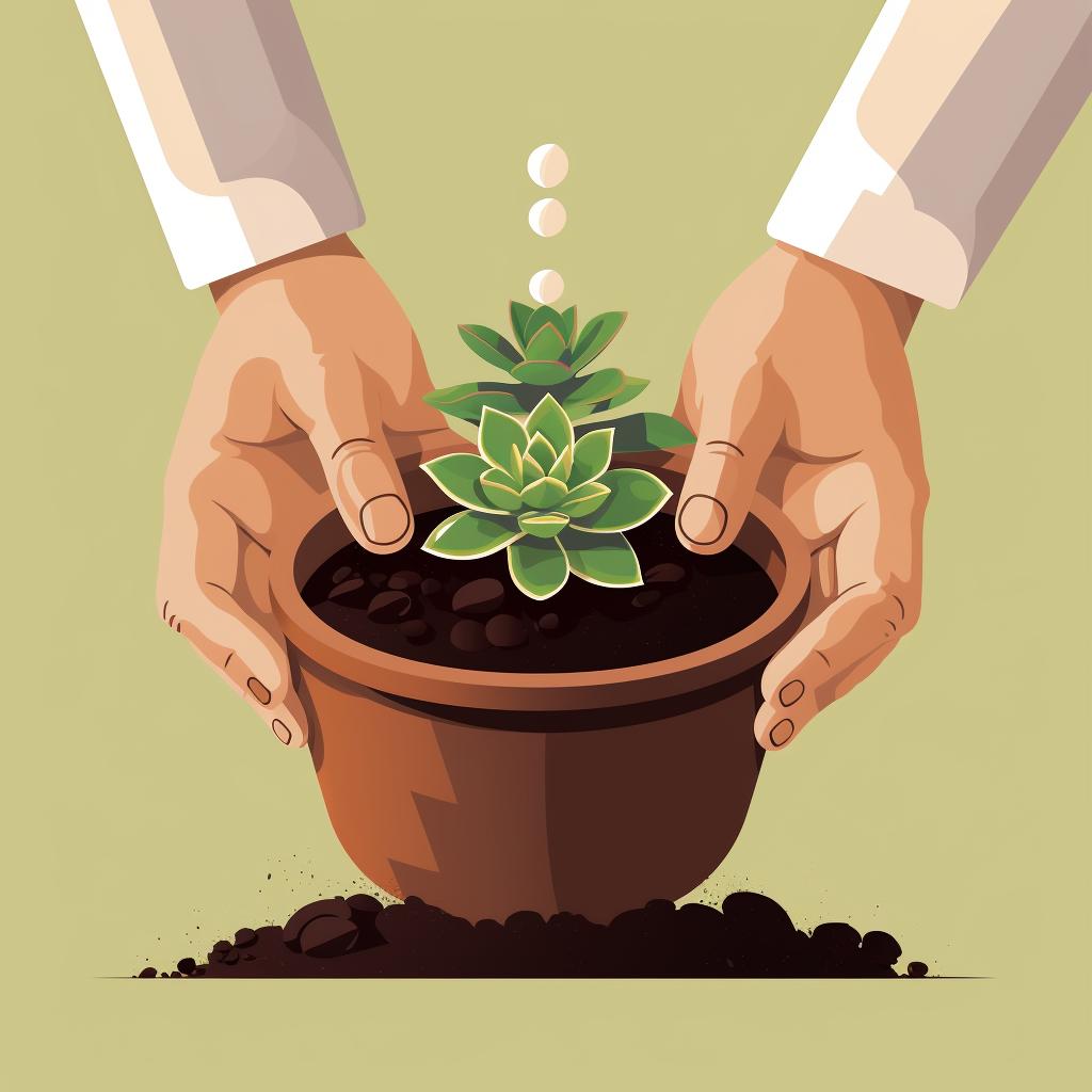 A succulent being placed in a new pot with fresh soil.