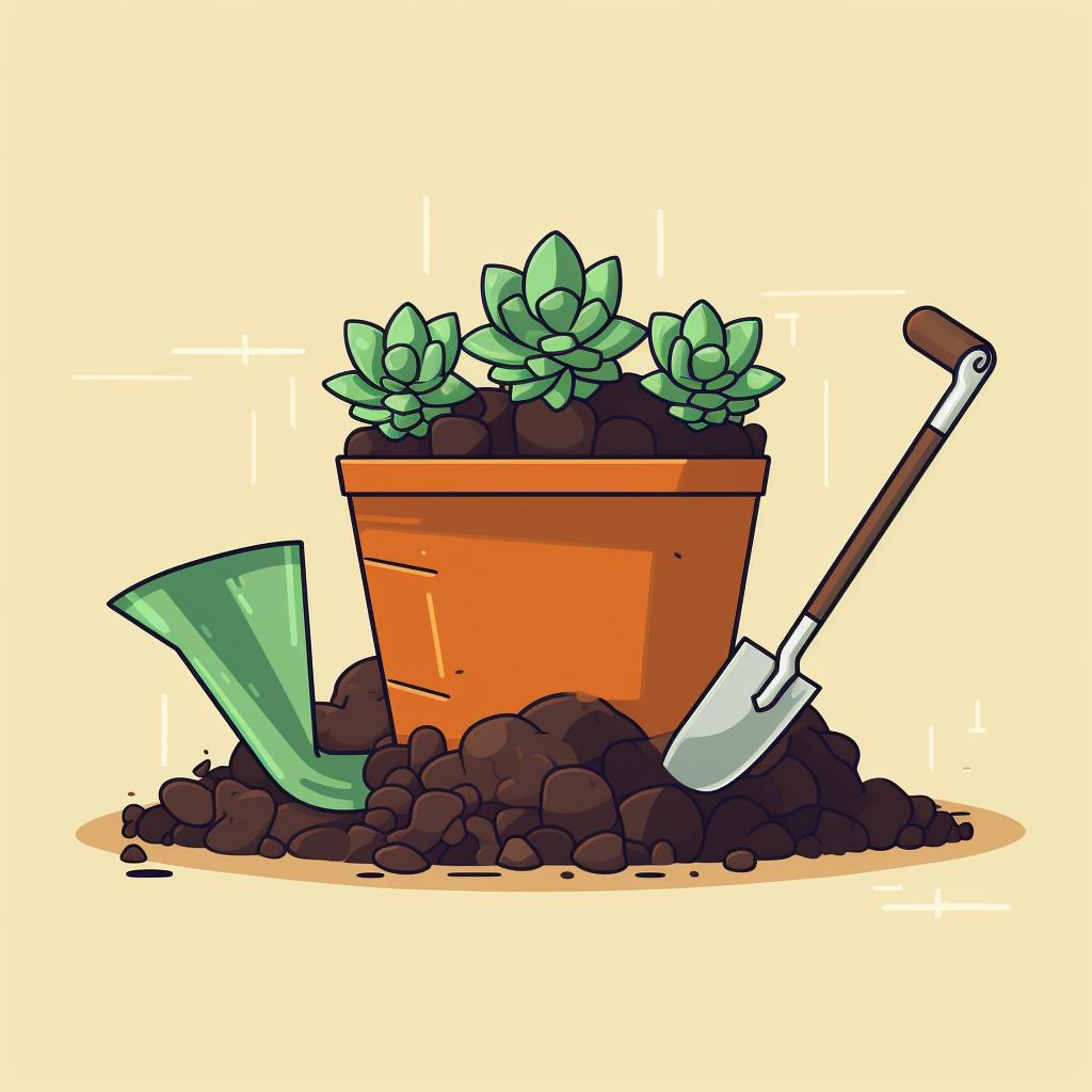 A pot with a drainage hole, a bag of succulent soil mix, a small shovel, and a succulent plant arranged on a table.