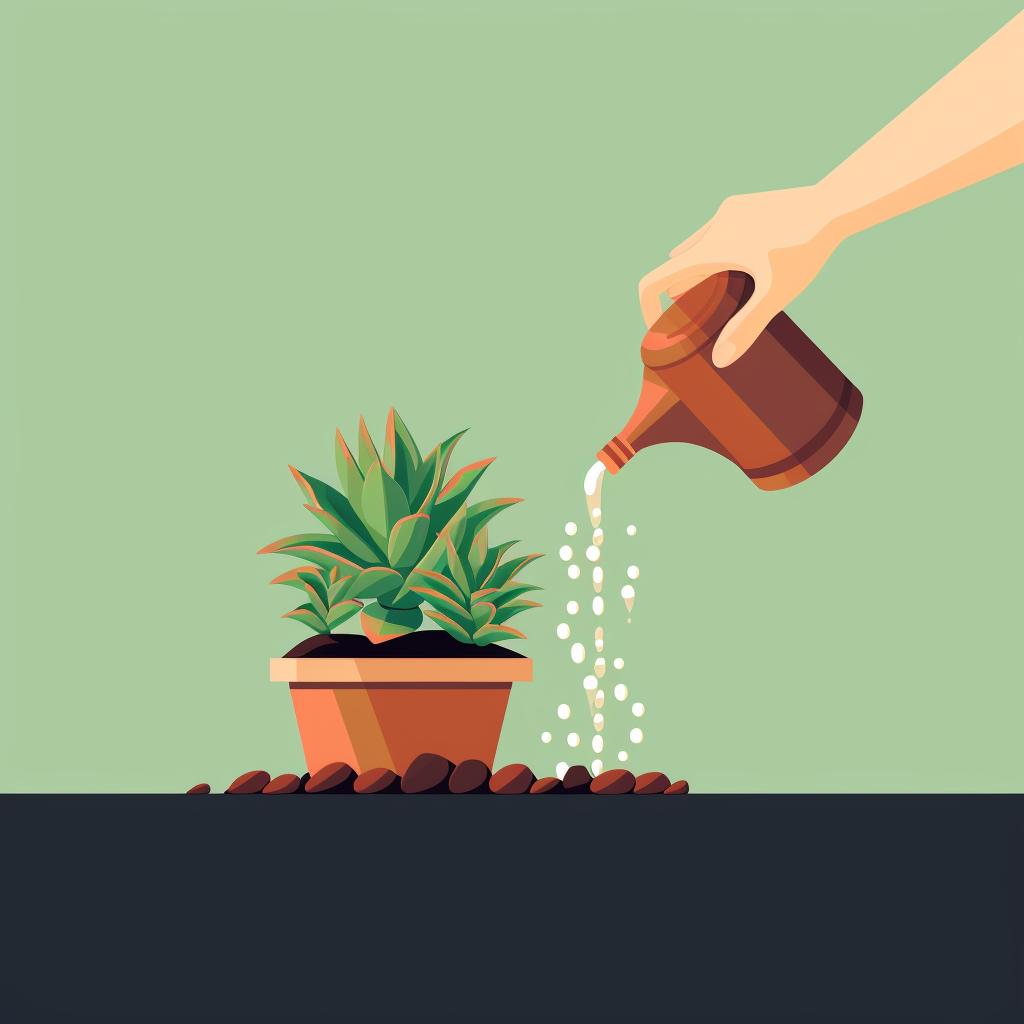 A hand watering a succulent plant, making sure to avoid the leaves