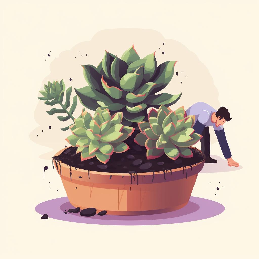 A large succulent being placed in the center of a pot.