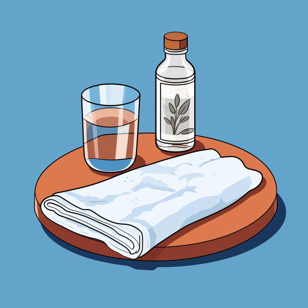 A soft cloth, cotton swabs, and a bottle of rubbing alcohol on a table.