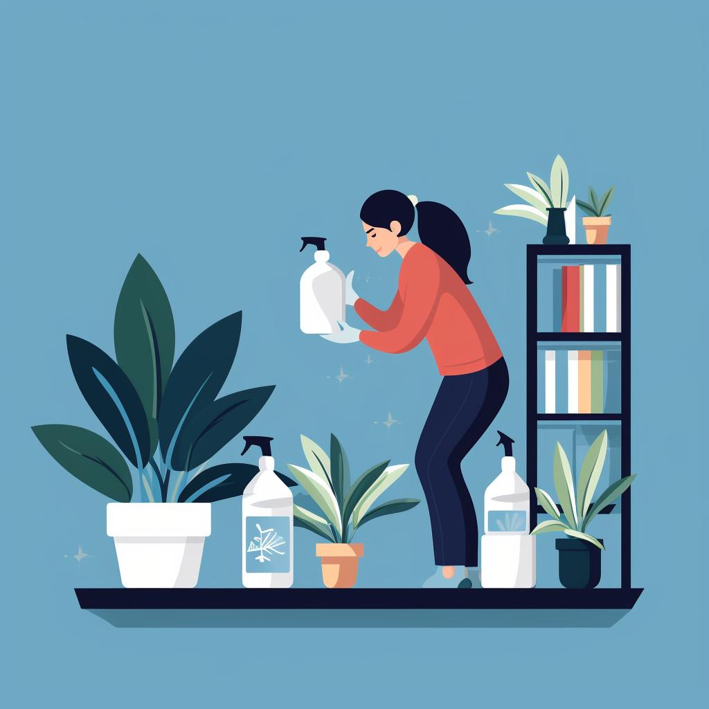 A person cleaning a plant shelf with a cloth and a spray bottle.