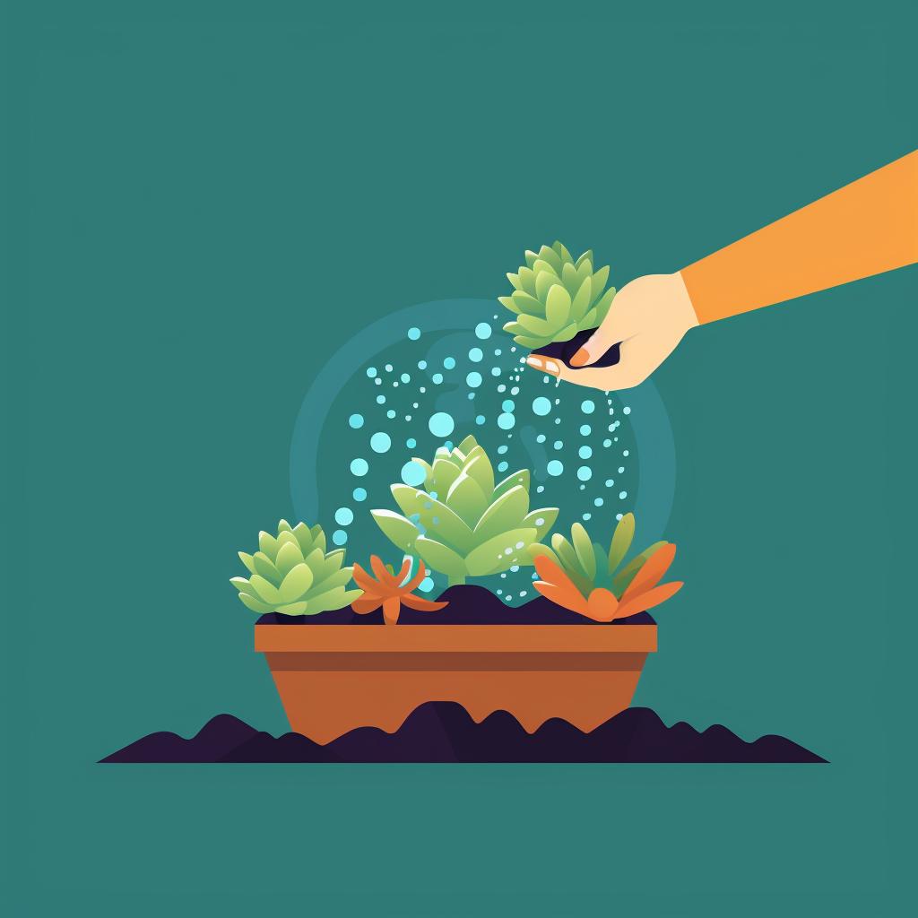 A hand watering a succulent plant sparingly